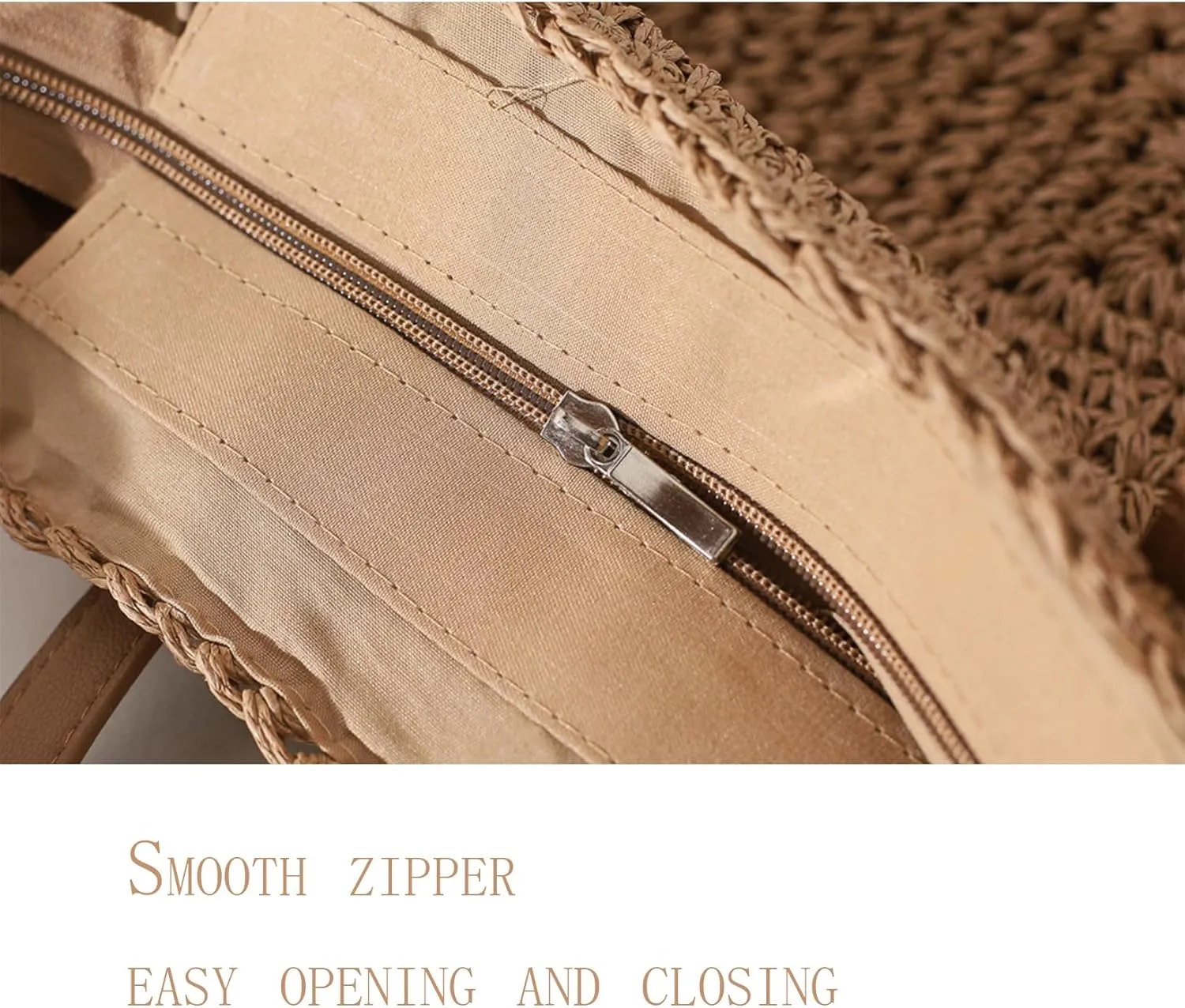 Straw Beach Bags for Women Summer Beach Tote Bag With Zipper Large Soft Woven Straw Shoulder Summer Vacation Purse