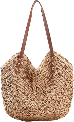 Straw Beach Bags for Women Summer Beach Tote Bag With Zipper Large Soft Woven Straw Shoulder Summer Vacation Purse