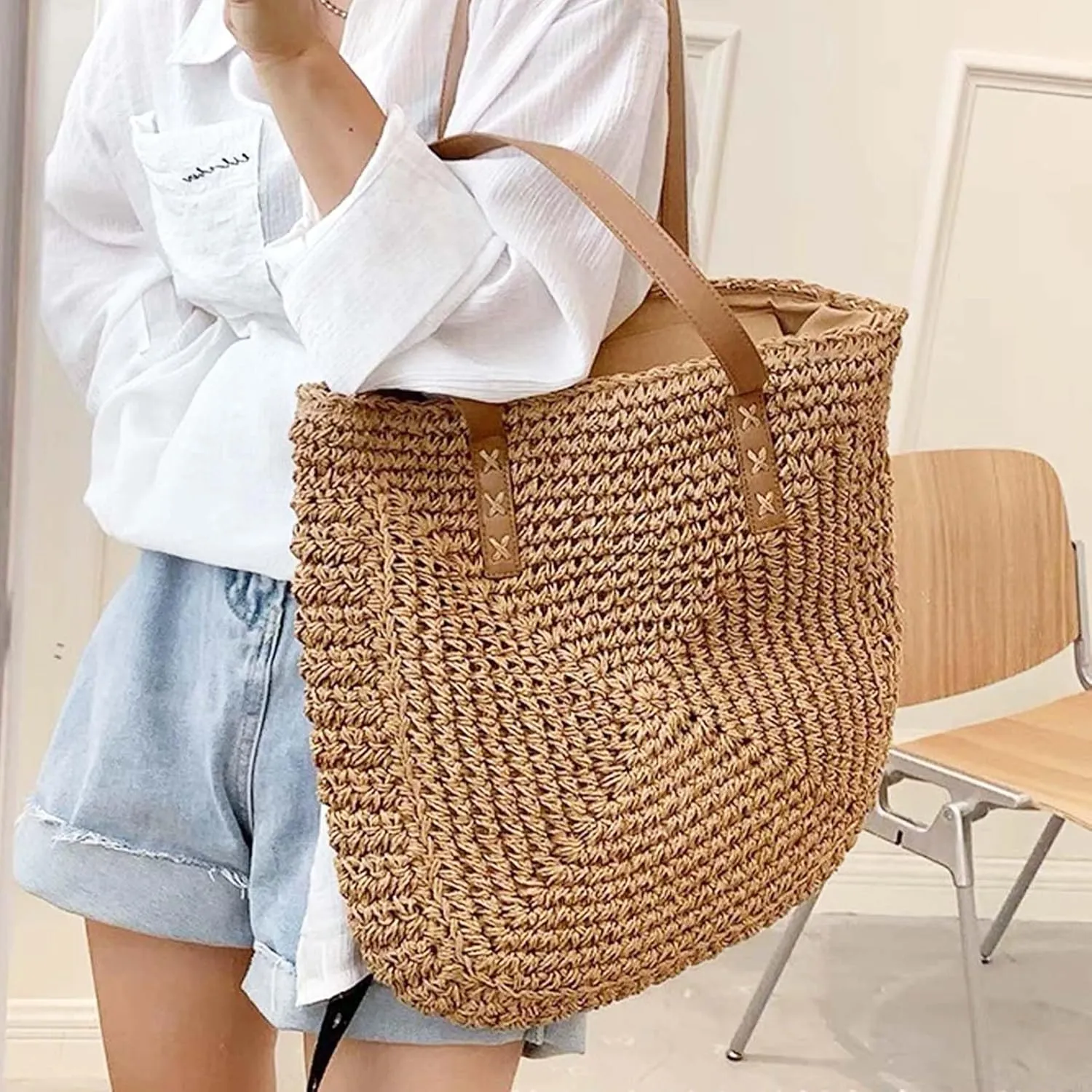 Straw Beach Bags for Women Summer Beach Tote Bag With Zipper Large Soft Woven Straw Shoulder Summer Vacation Purse