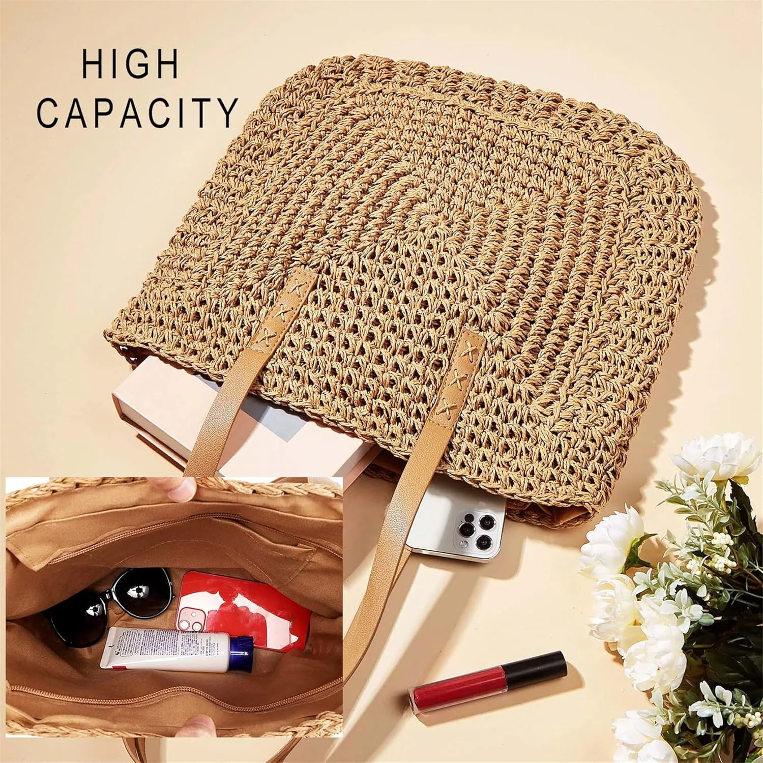 Straw Beach Bags for Women Summer Beach Tote Bag With Zipper Large Soft Woven Straw Shoulder Summer Vacation Purse