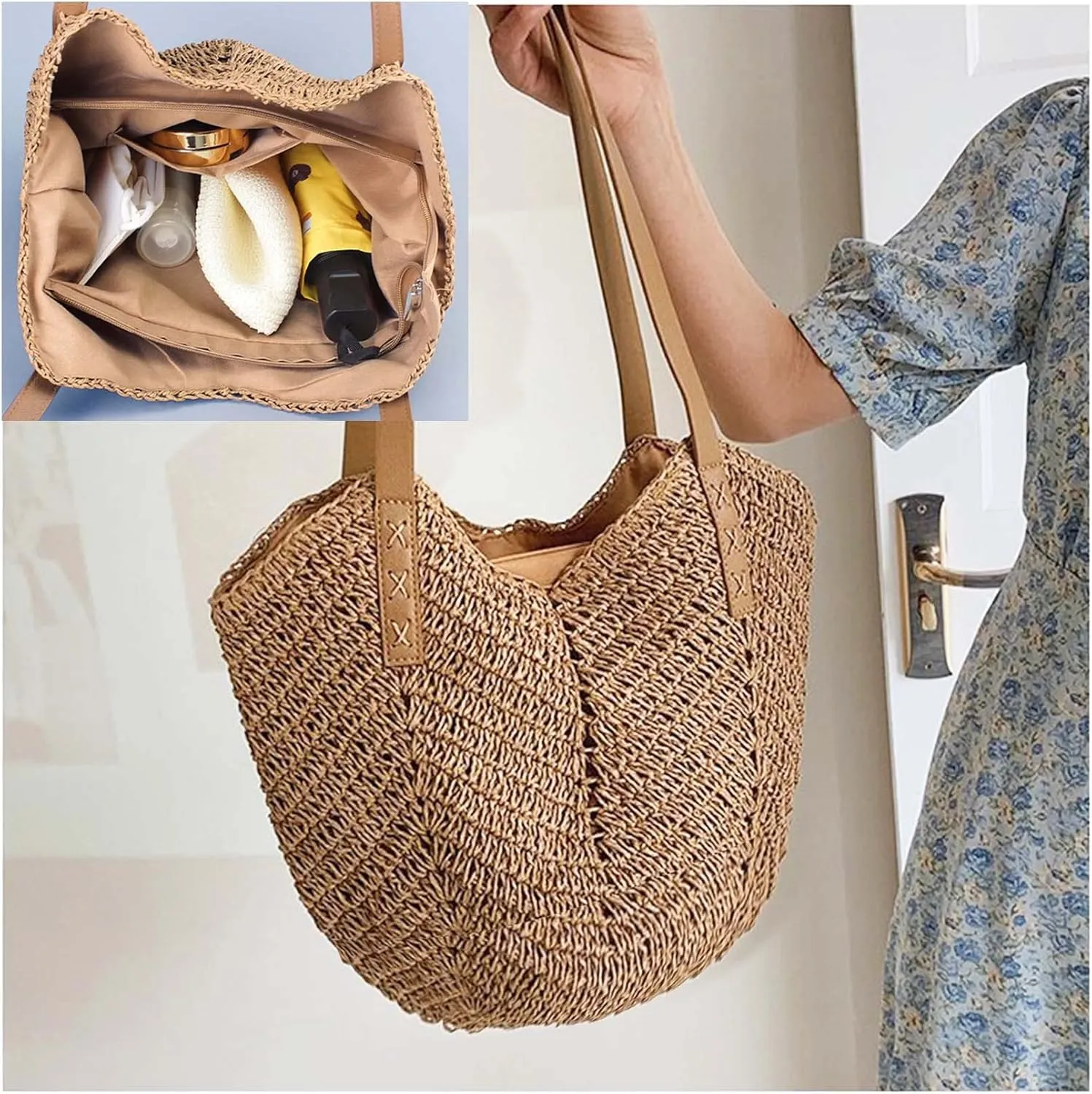 Straw Beach Bags for Women Summer Beach Tote Bag With Zipper Large Soft Woven Straw Shoulder Summer Vacation Purse