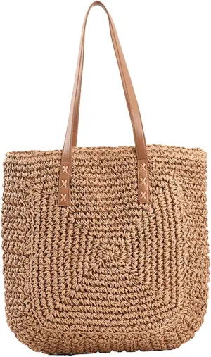 Straw Beach Bags for Women Summer Beach Tote Bag With Zipper Large Soft Woven Straw Shoulder Summer Vacation Purse