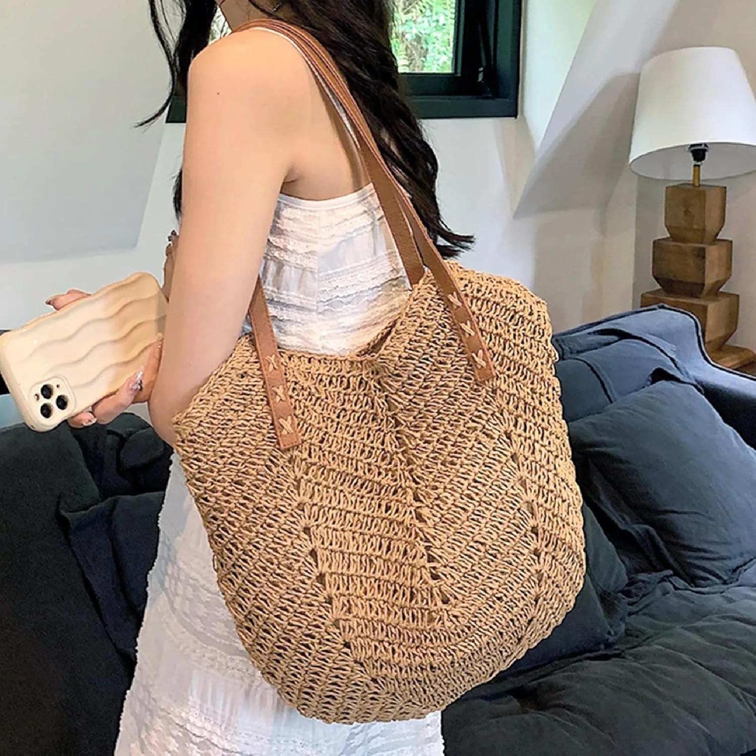 Straw Beach Bags for Women Summer Beach Tote Bag With Zipper Large Soft Woven Straw Shoulder Summer Vacation Purse