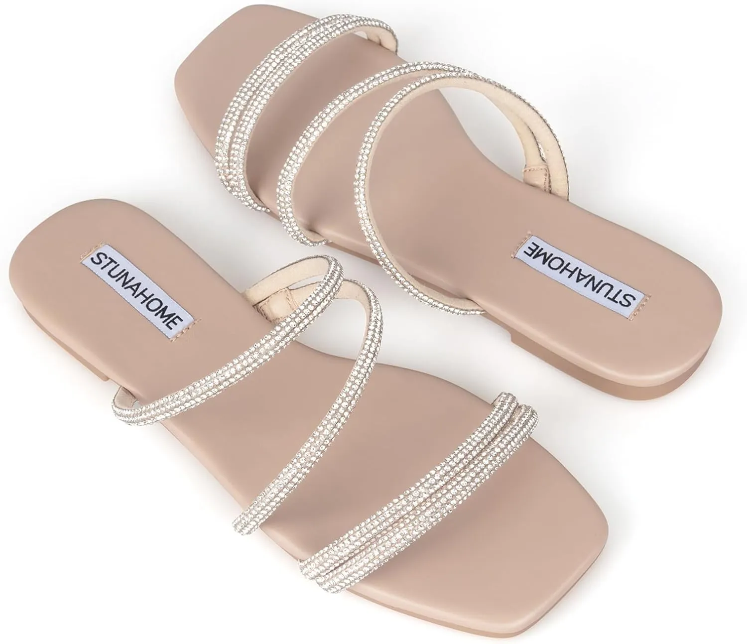 STUNAHOME Women's Rhinestone Thong Flat Sandals Open Toe Slide Sandals with Square Toe Bling Strap