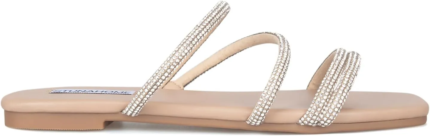 STUNAHOME Women's Rhinestone Thong Flat Sandals Open Toe Slide Sandals with Square Toe Bling Strap