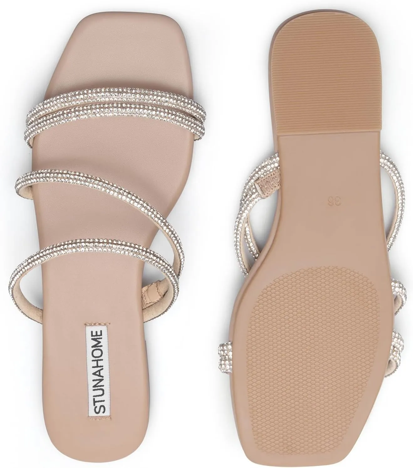 STUNAHOME Women's Rhinestone Thong Flat Sandals Open Toe Slide Sandals with Square Toe Bling Strap