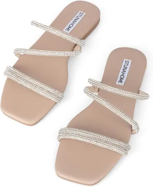 STUNAHOME Women's Rhinestone Thong Flat Sandals Open Toe Slide Sandals with Square Toe Bling Strap