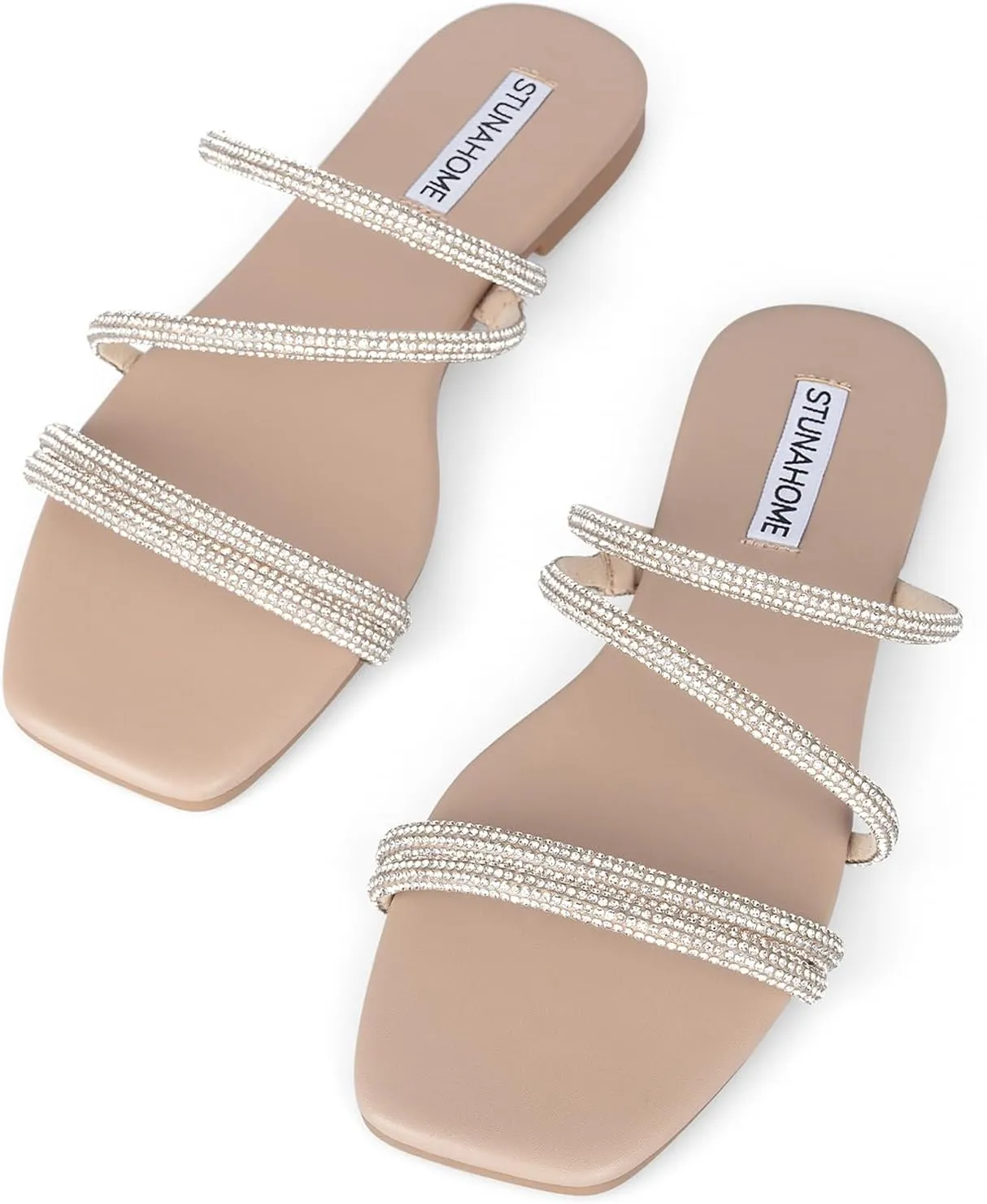 STUNAHOME Women's Rhinestone Thong Flat Sandals Open Toe Slide Sandals with Square Toe Bling Strap