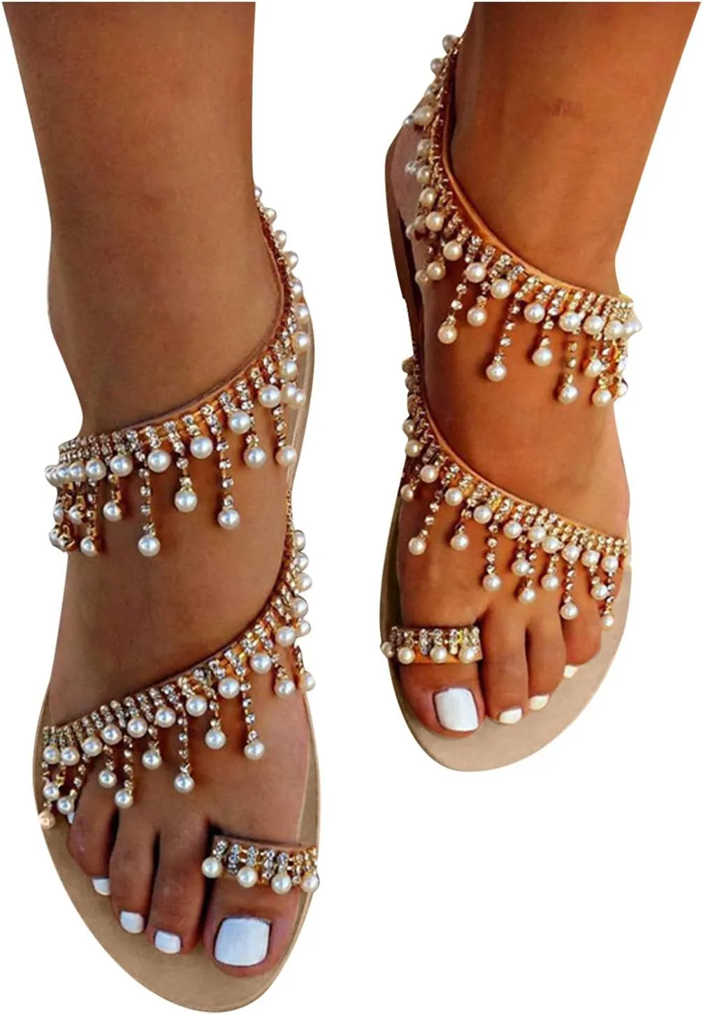 Summer Beach Sandals for Women 2025,Crystal Rhinestone Pearl Flat Sandals for Women Dressy Bling Sparkly Thong Sandals Comfortable T Strap Slip-On Shoes Casual Walking Sandals Strappy Sandals ﻿