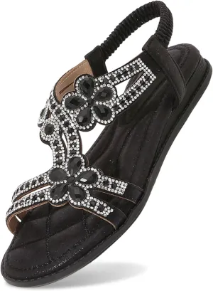 Summer Sandals for Women 2025 Bohemian Beaded Rhinestone Ankle Strap Dressy Wedding Shoes Comfortable Beach Flat Sandals