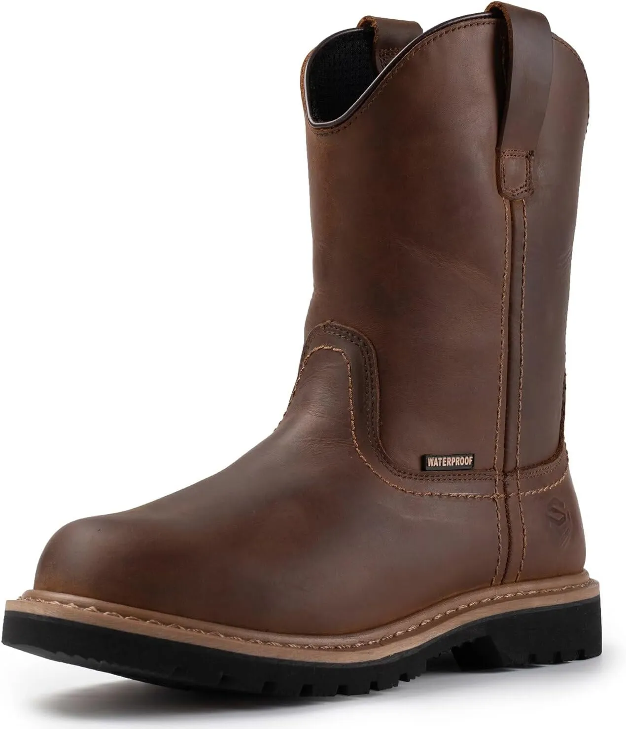SUREWAY 10in Mens Soft/Steel Toe Waterproof Wellington Work Boot,Heavy Duty Pull On Leather Work Boots,Goodyear Welted,Full Grain Leather,Industrial Safety boot Classic Cowboy Boot,EH Rated