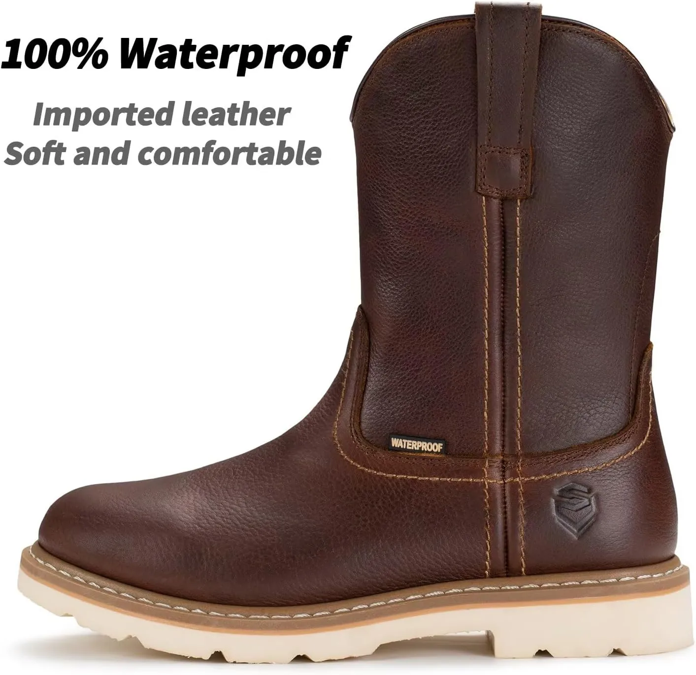 SUREWAY 10in Mens Soft/Steel Toe Waterproof Wellington Work Boot,Heavy Duty Pull On Leather Work Boots,Goodyear Welted,Full Grain Leather,Industrial Safety boot Classic Cowboy Boot,EH Rated