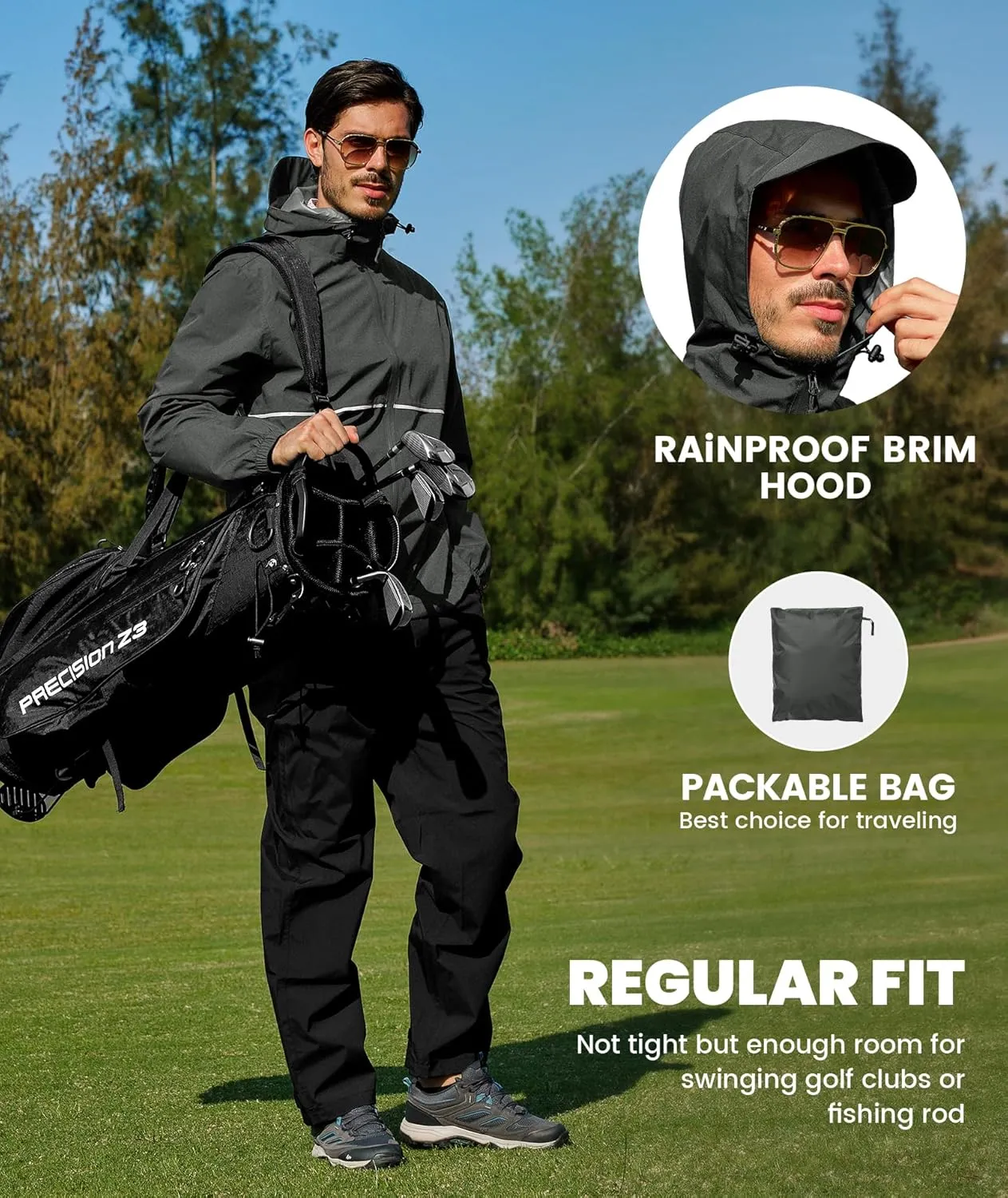 SWISSWELL Rain Suit Waterproof Breathable Lightweight Packable 2 Pieces Rainwear Rain Gear for Golf Hiking Fishing