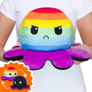TeeTurtle - Original Reversible Big Octopus Plushie - Rainbow Stripe   Black Sparkle - Huggable and Soft Sensory Fidget Toy Stuffed Animals That Show Your Mood - Gift for Kids and Adults!