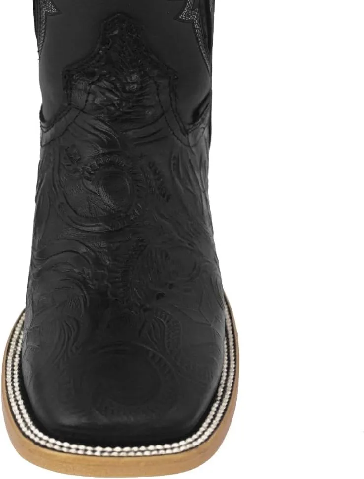 Texas Legacy Mens Black Cowboy Boots Hand Tooled Leather Ranger Star Square Toe