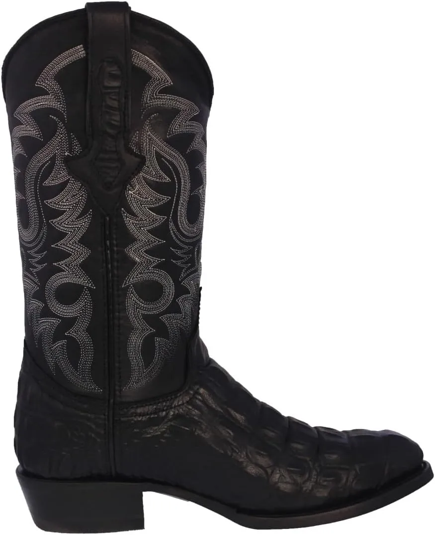 TEXAS LEGACY Mens Black Western Leather Cowboy Boots Crocodile Back Print Round Toe