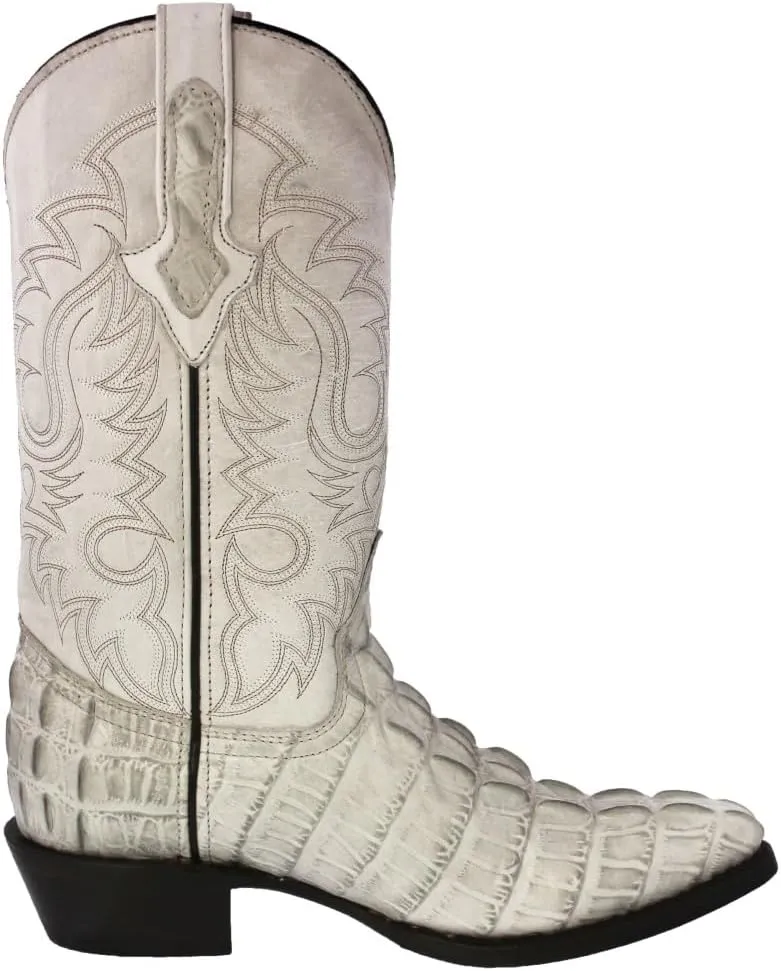 Texas Legacy Mens Off White Western Leather Cowboy Boots Crocodile Tail Print