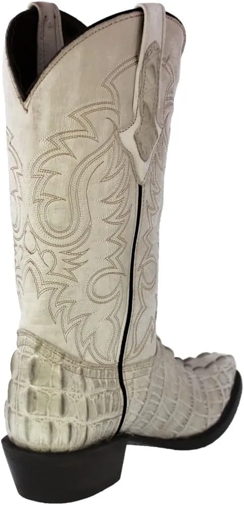 Texas Legacy Mens Off White Western Leather Cowboy Boots Crocodile Tail Print