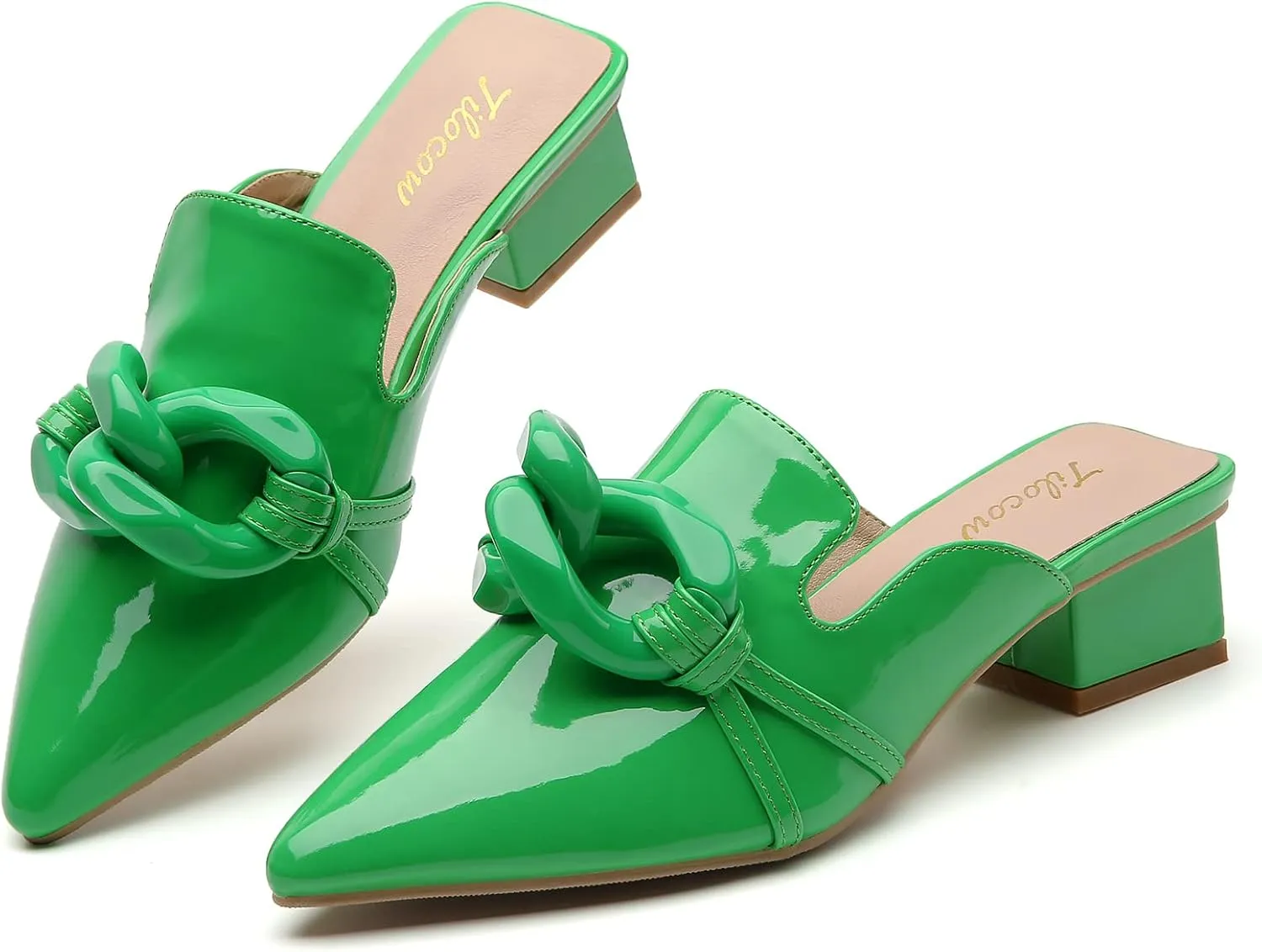 Tilocow Chain Decor Mules Heels for Women Pointed Toe Heeled Sandals Women Chunky Heel Mules Womens Slide Shoes