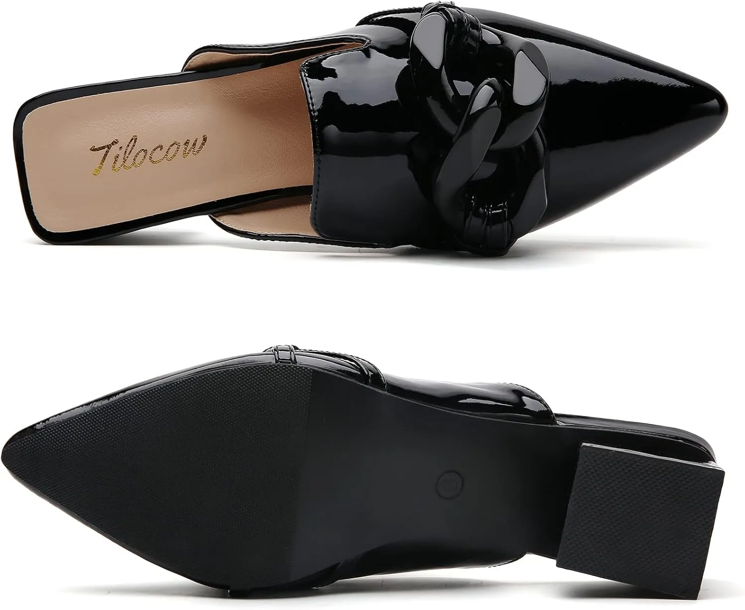 Tilocow Chain Decor Mules Heels for Women Pointed Toe Heeled Sandals Women Chunky Heel Mules Womens Slide Shoes