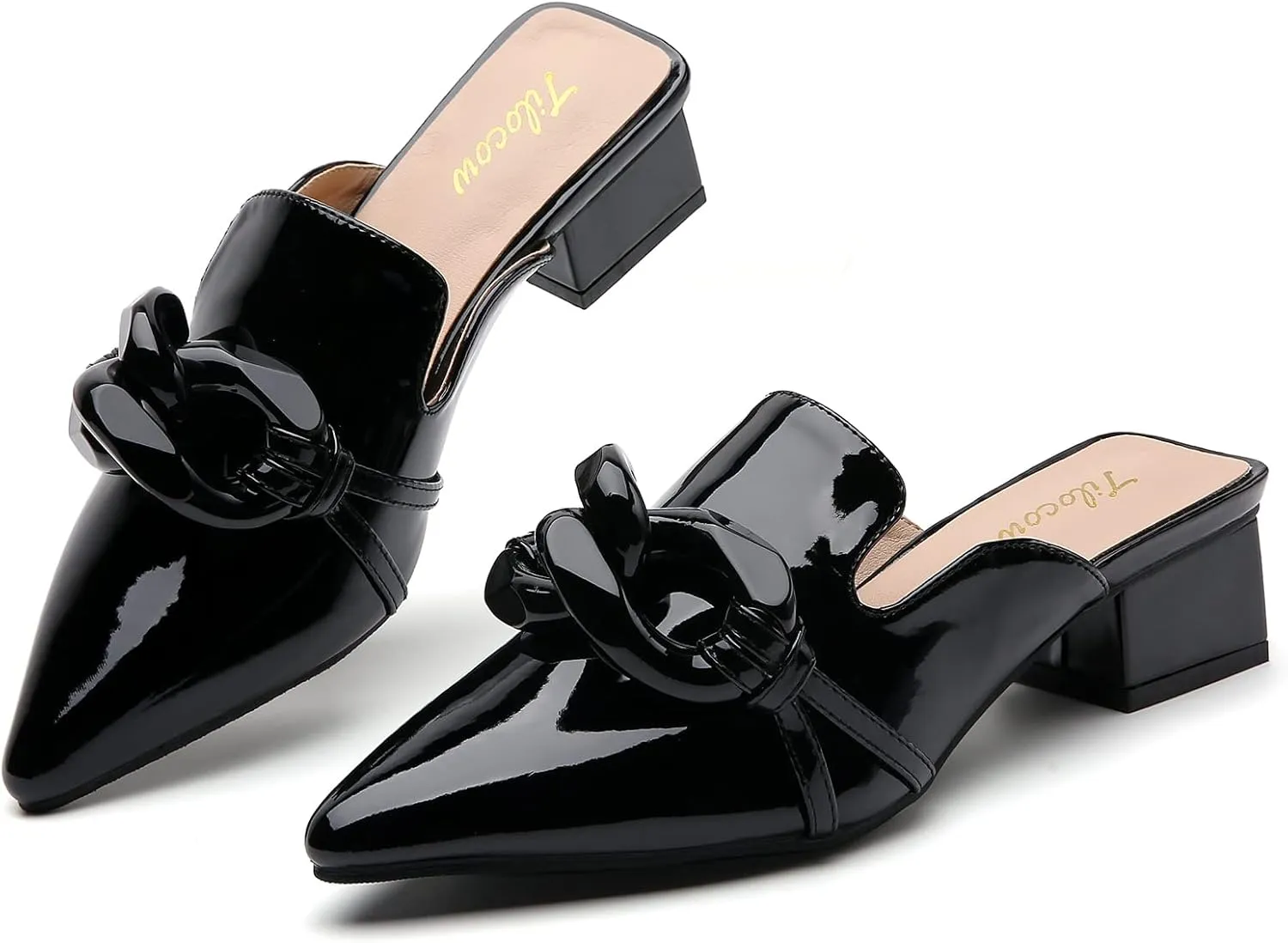 Tilocow Chain Decor Mules Heels for Women Pointed Toe Heeled Sandals Women Chunky Heel Mules Womens Slide Shoes