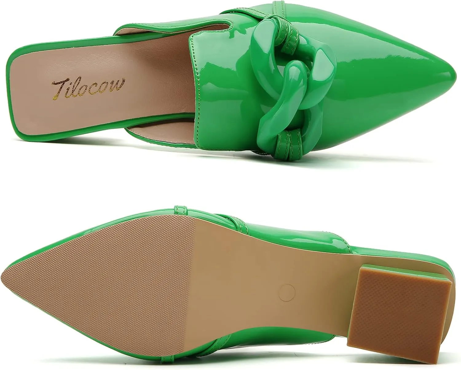 Tilocow Chain Decor Mules Heels for Women Pointed Toe Heeled Sandals Women Chunky Heel Mules Womens Slide Shoes