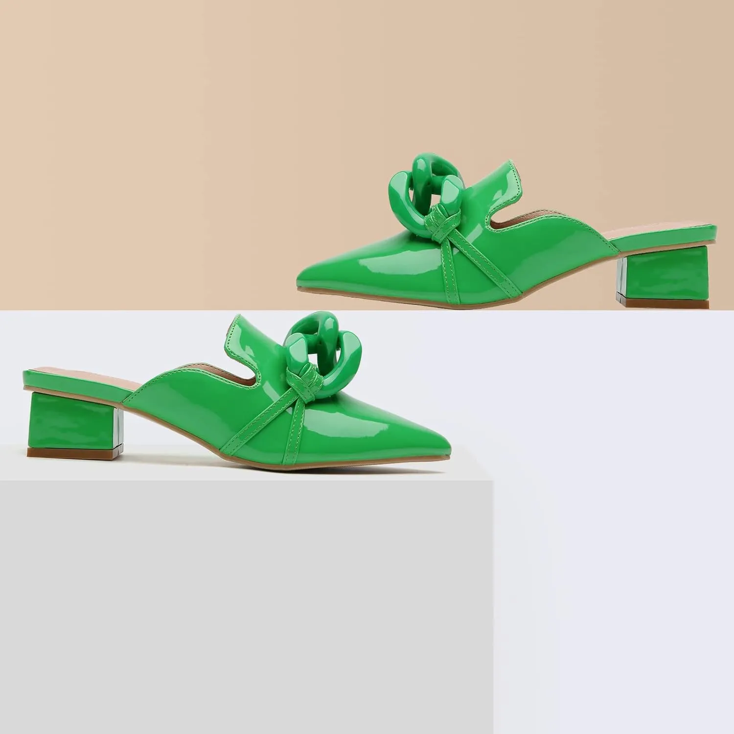 Tilocow Chain Decor Mules Heels for Women Pointed Toe Heeled Sandals Women Chunky Heel Mules Womens Slide Shoes