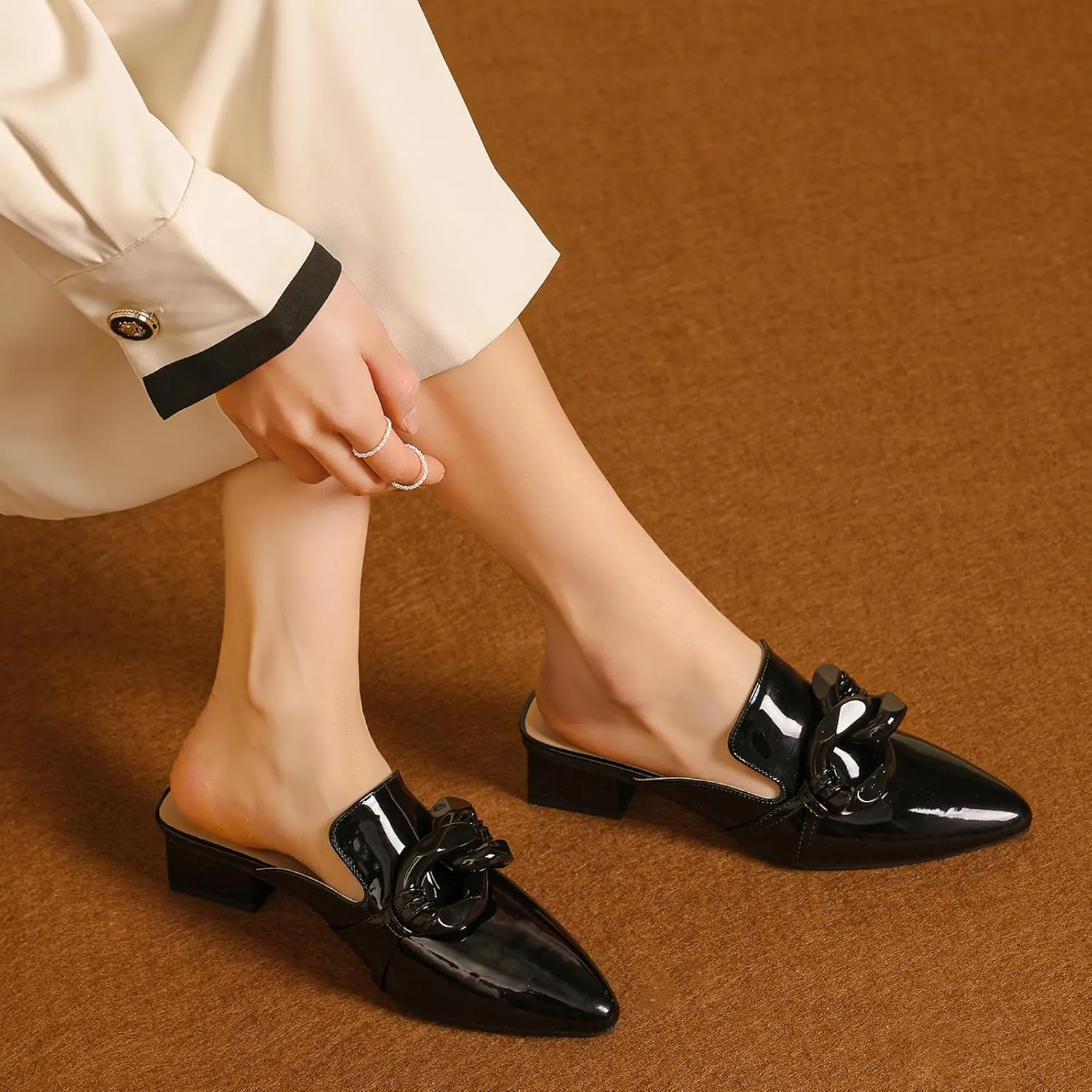 Tilocow Chain Decor Mules Heels for Women Pointed Toe Heeled Sandals Women Chunky Heel Mules Womens Slide Shoes