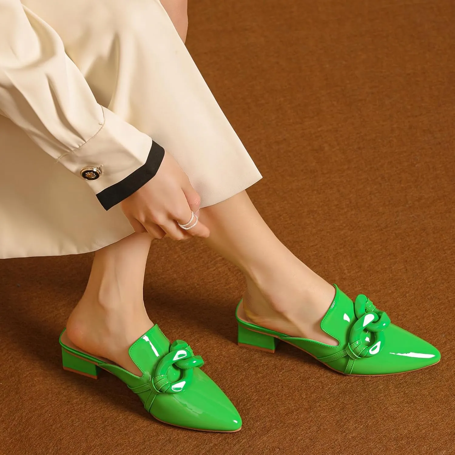 Tilocow Chain Decor Mules Heels for Women Pointed Toe Heeled Sandals Women Chunky Heel Mules Womens Slide Shoes