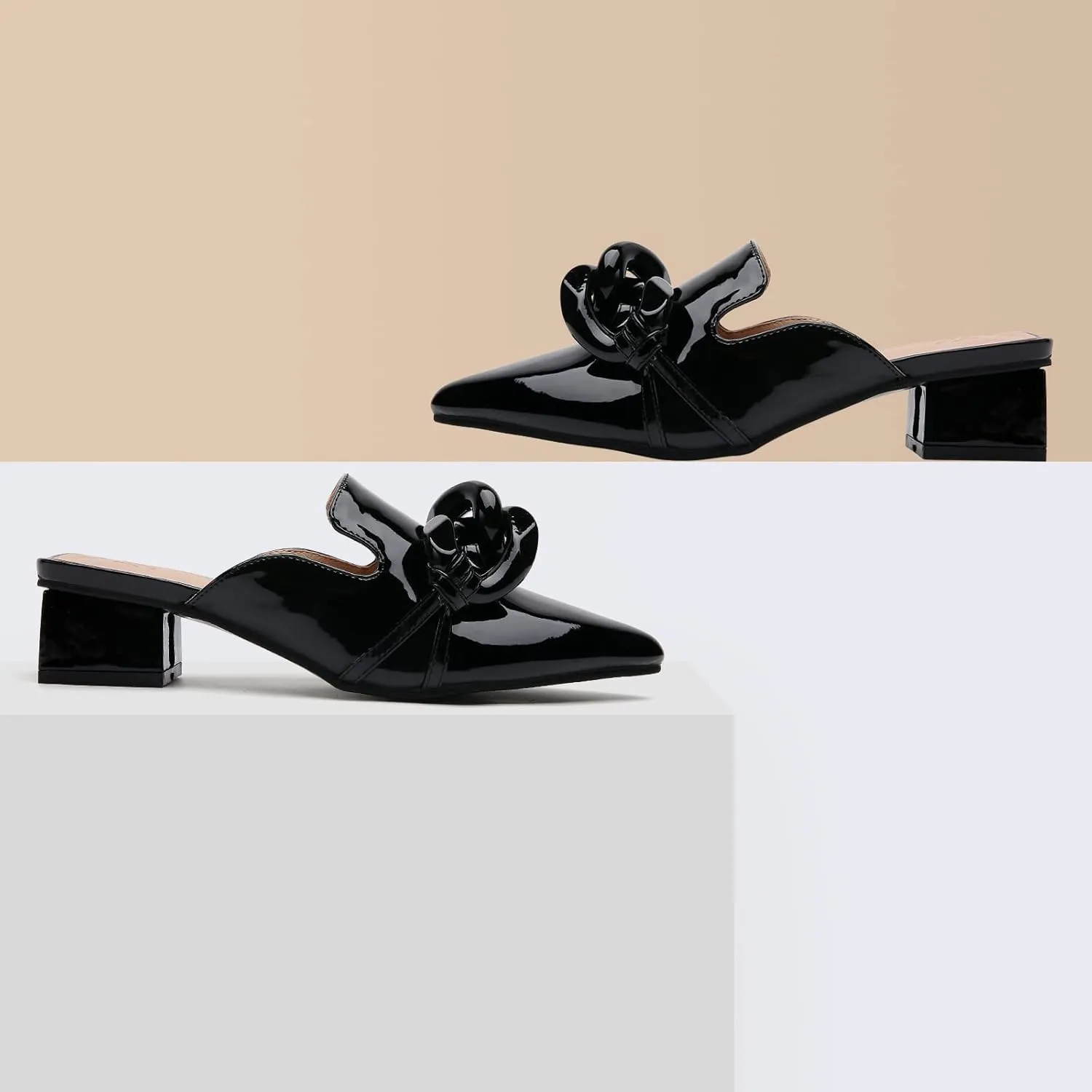 Tilocow Chain Decor Mules Heels for Women Pointed Toe Heeled Sandals Women Chunky Heel Mules Womens Slide Shoes