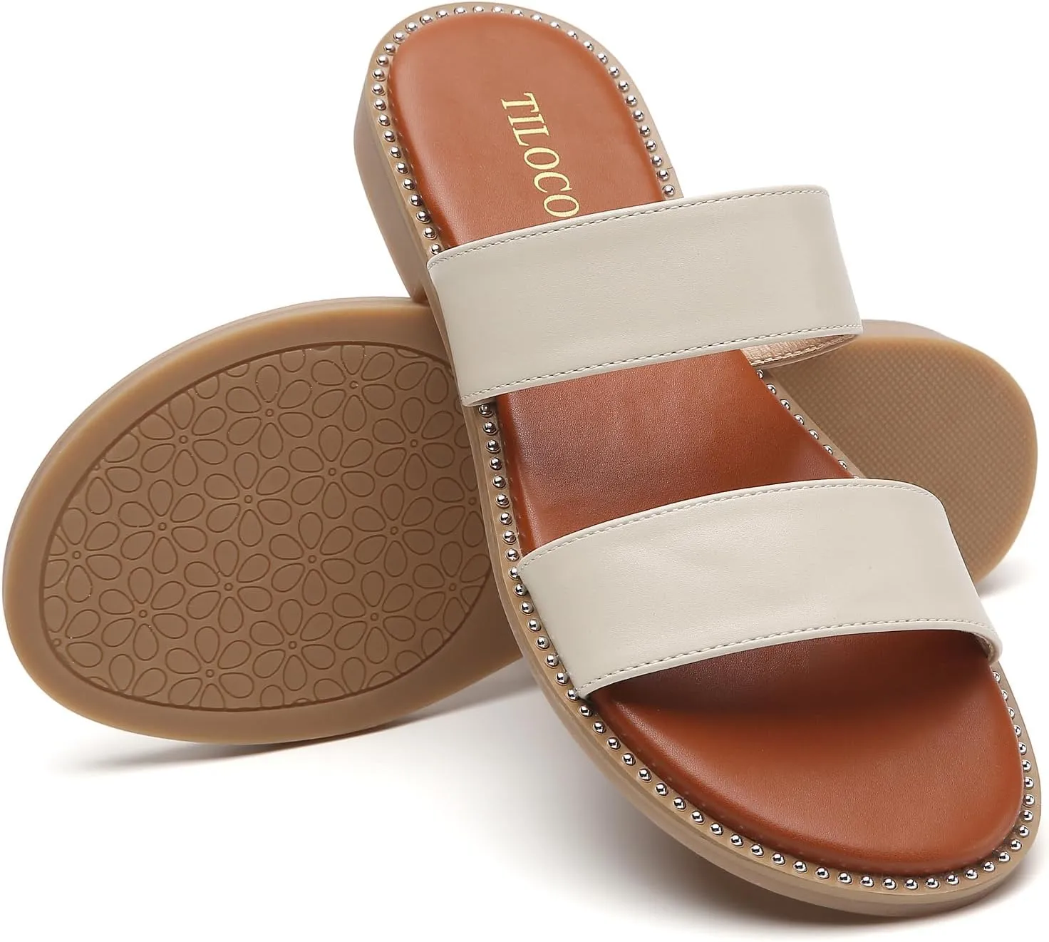 Tilocow Women's Flat Sandals with Rivets Inlaid Slip on Sandals Two Strap Casual Summer Slide Shoes