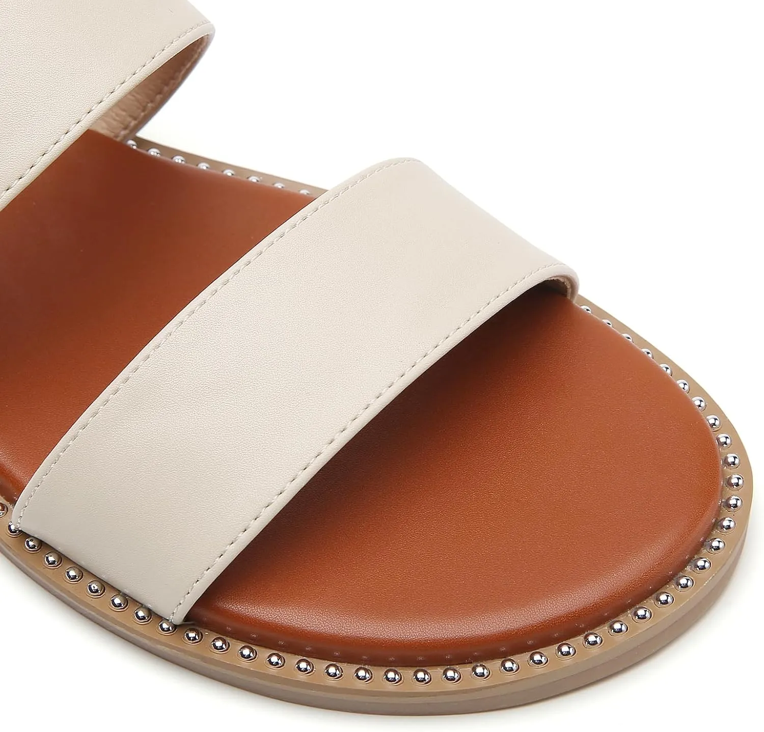 Tilocow Women's Flat Sandals with Rivets Inlaid Slip on Sandals Two Strap Casual Summer Slide Shoes