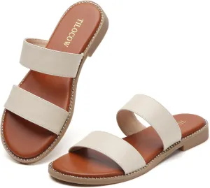 Tilocow Women's Flat Sandals with Rivets Inlaid Slip on Sandals Two Strap Casual Summer Slide Shoes