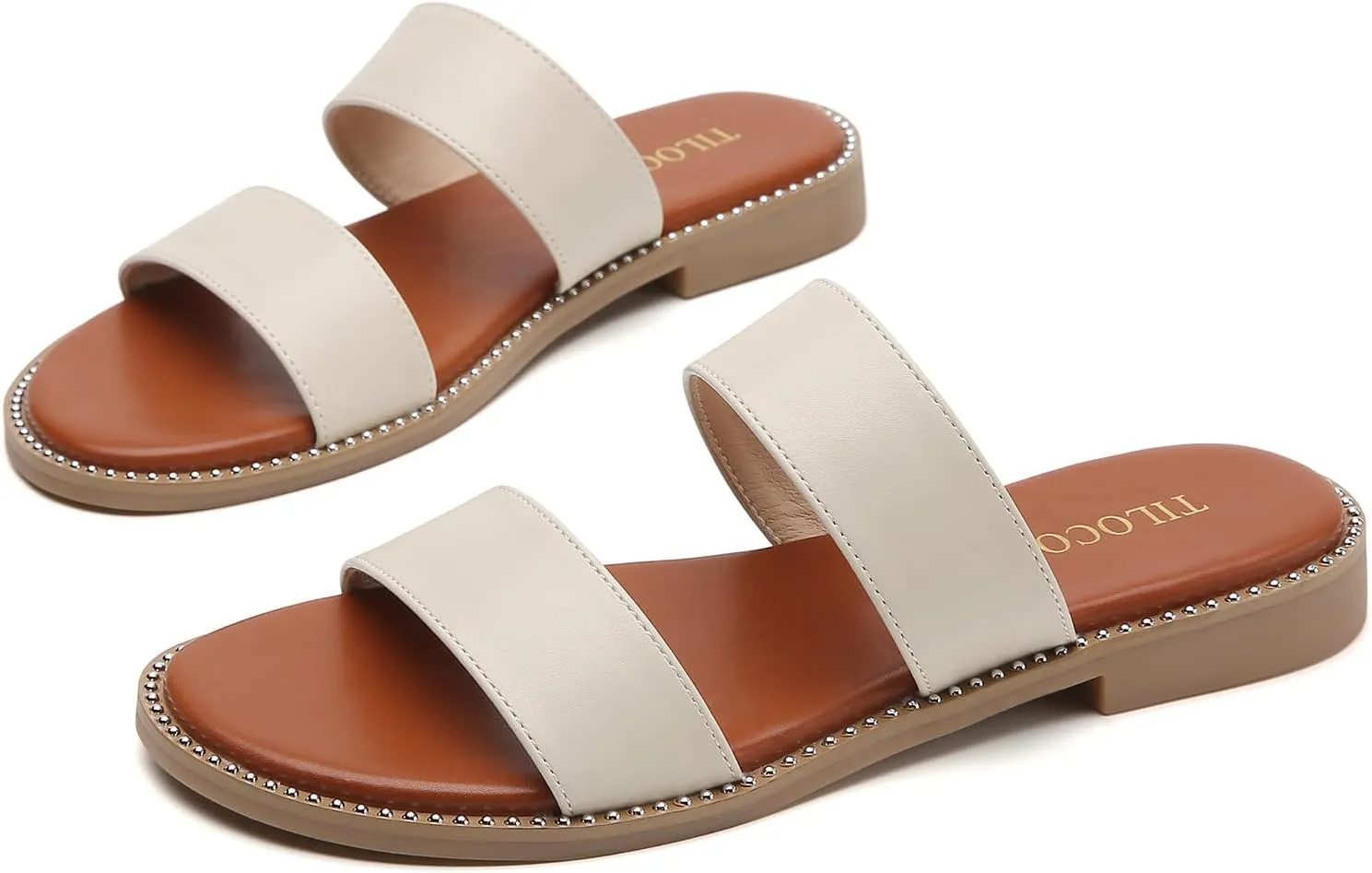 Tilocow Women's Flat Sandals with Rivets Inlaid Slip on Sandals Two Strap Casual Summer Slide Shoes