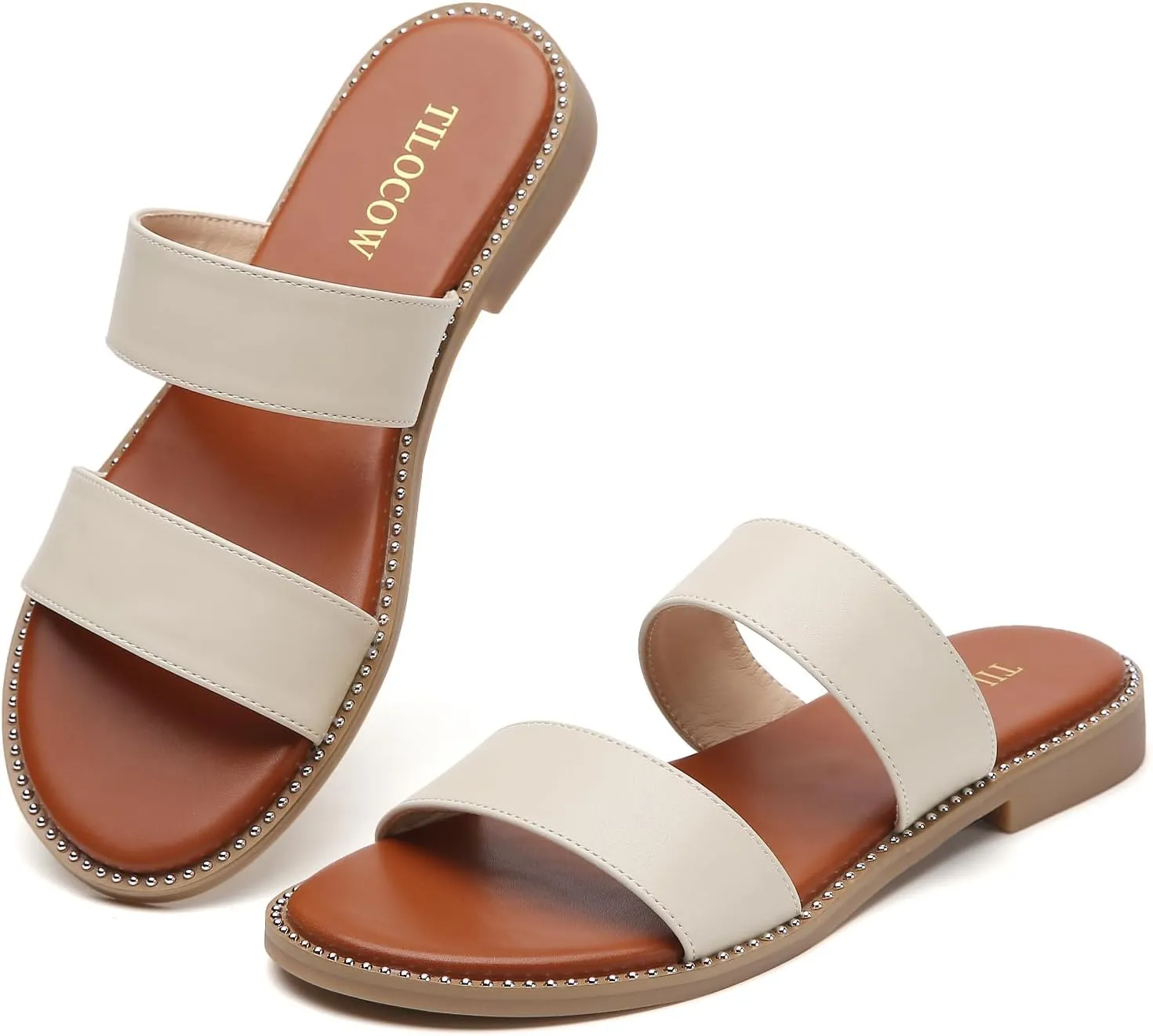 Tilocow Women's Flat Sandals with Rivets Inlaid Slip on Sandals Two Strap Casual Summer Slide Shoes