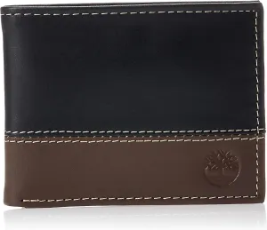 Timberland Men's Leather Passcase Trifold Wallet Hybrid, Black/Cognac, One Size