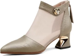 TinaCus Pointed Toe Handmade Back Zipper Women's Chunky Heels Embossed Genuine Leather & Breathable Mesh Ankle Boots