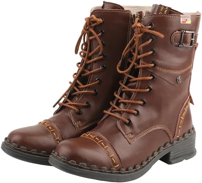 TMA EYES Women's Clasical Lace-Up Zipper Breathable Lining Flat with Hand-stitched Mid-calf Boots