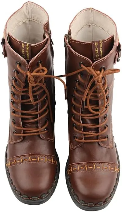 TMA EYES Women's Clasical Lace-Up Zipper Breathable Lining Flat with Hand-stitched Mid-calf Boots