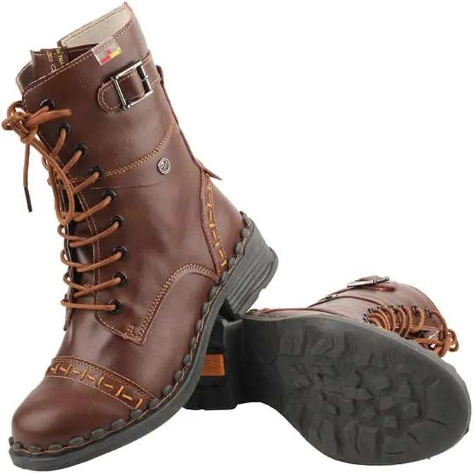 TMA EYES Women's Clasical Lace-Up Zipper Breathable Lining Flat with Hand-stitched Mid-calf Boots