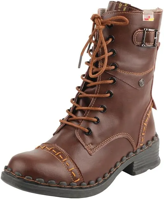 TMA EYES Women's Clasical Lace-Up Zipper Breathable Lining Flat with Hand-stitched Mid-calf Boots