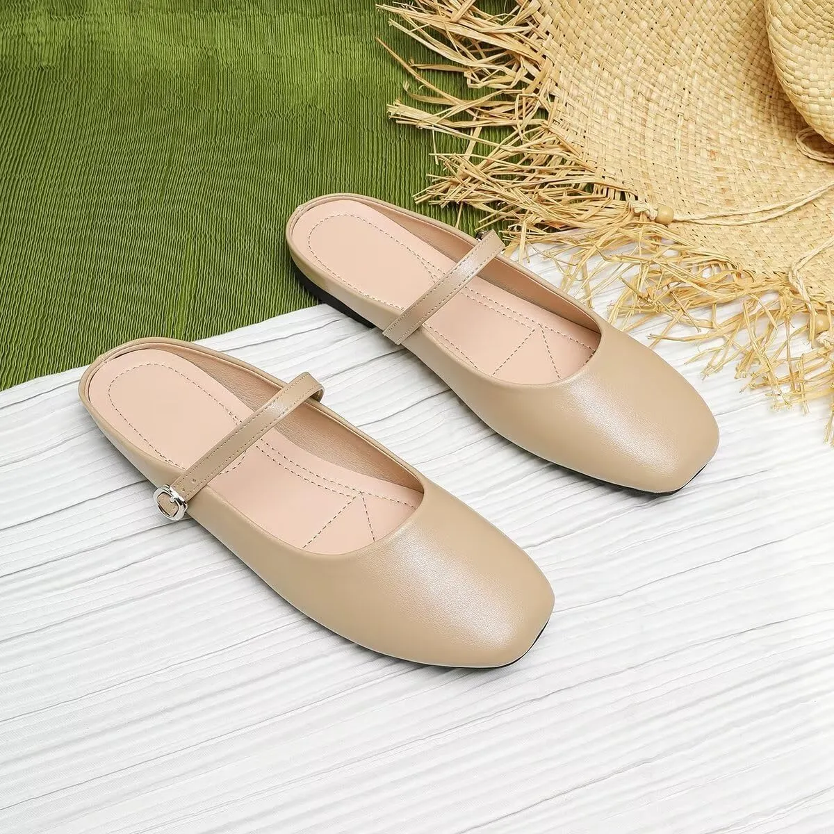 TN TANGNEST Women's Mary Jane Shoes Mules for Women Flats Retro One Line Strap Flats Cute Square Toe Backless Flat Mules