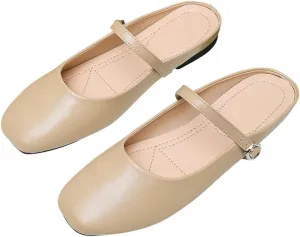 TN TANGNEST Women's Mary Jane Shoes Mules for Women Flats Retro One Line Strap Flats Cute Square Toe Backless Flat Mules