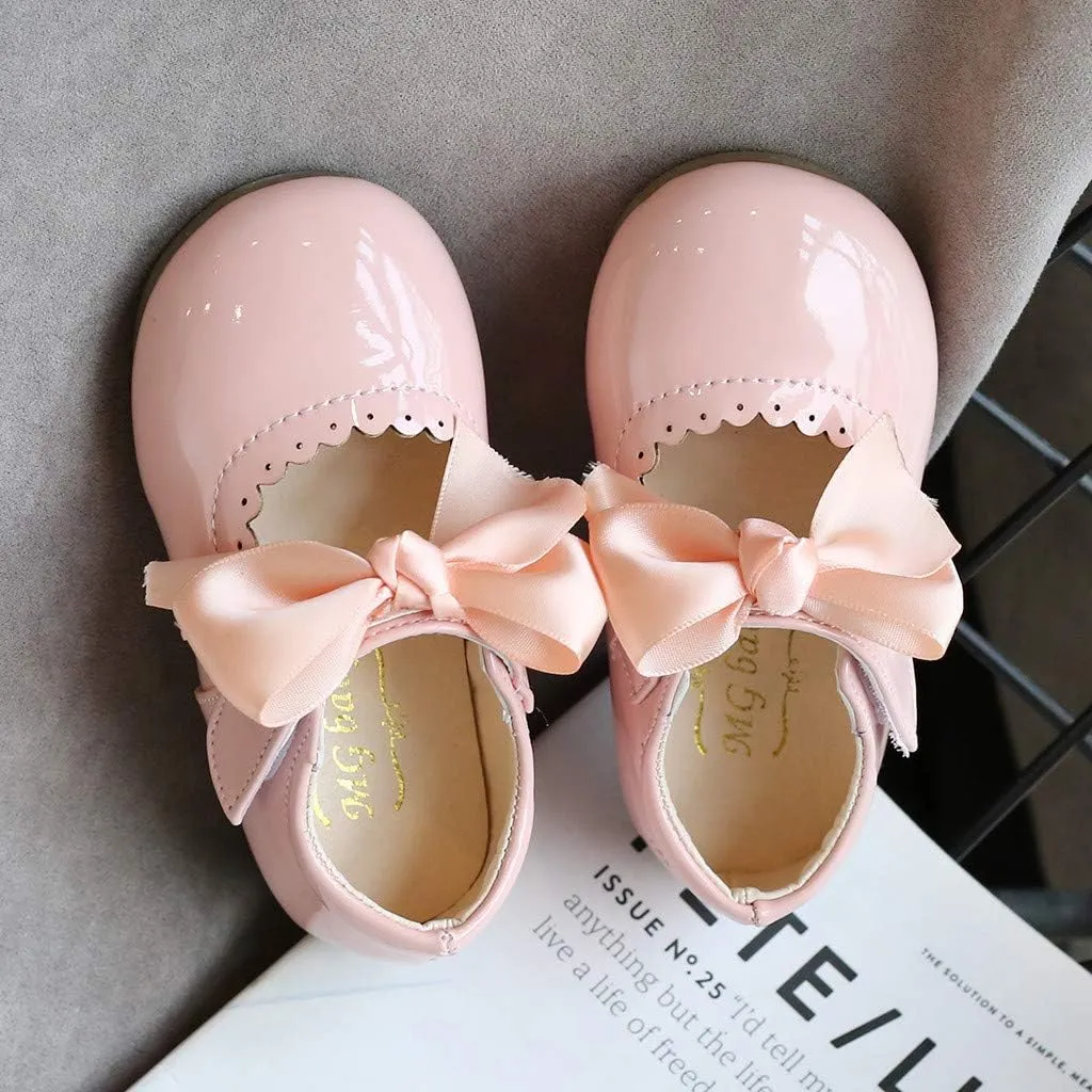 Toddler Girls Bow Mary Jane Shoes Sole Rubber Leather Closed Toe Ankle Sneaker Kids Dress Dance Non Slip Sport Shoes