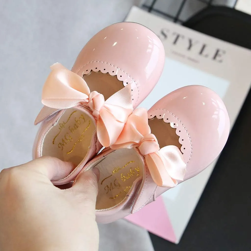 Toddler Girls Bow Mary Jane Shoes Sole Rubber Leather Closed Toe Ankle Sneaker Kids Dress Dance Non Slip Sport Shoes
