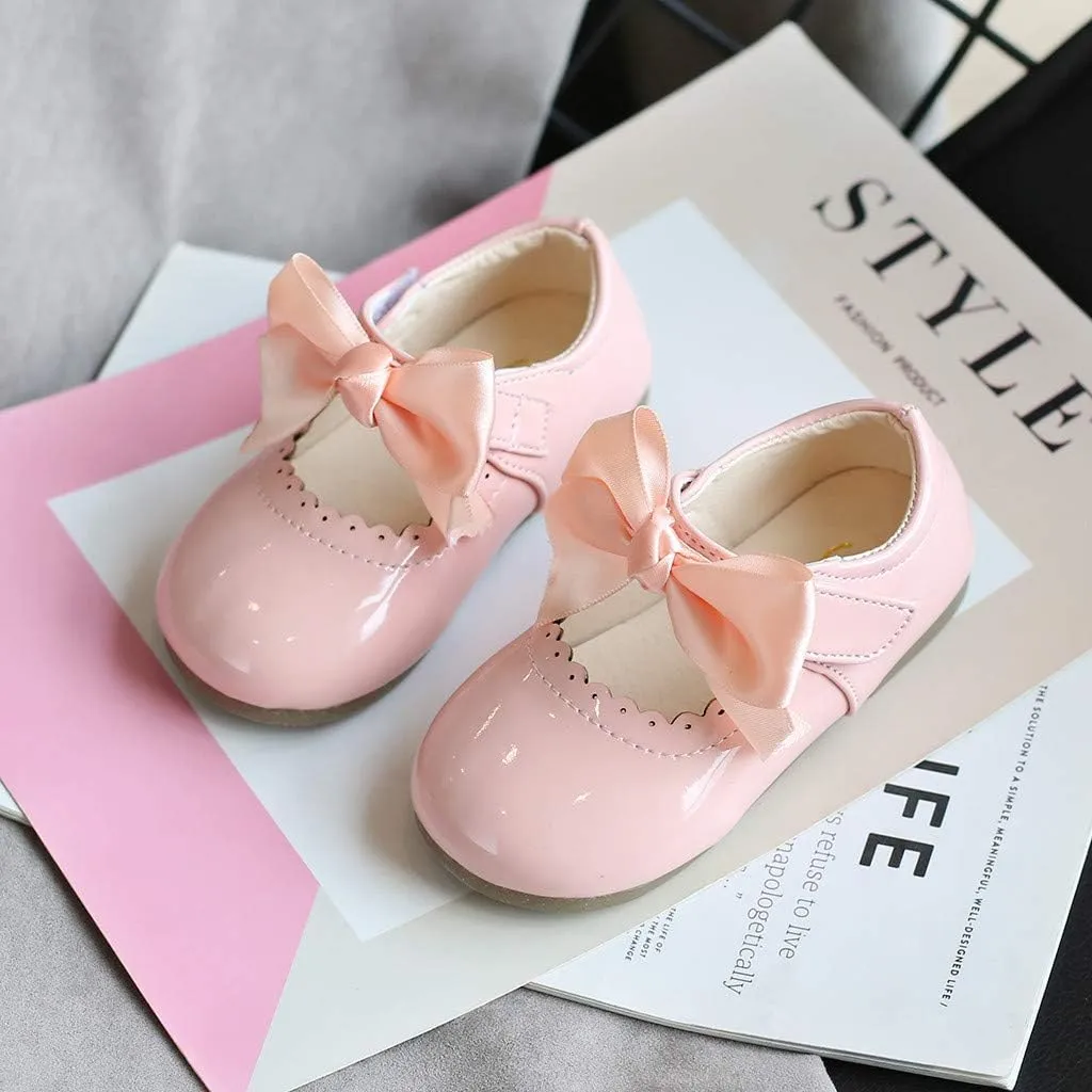 Toddler Girls Bow Mary Jane Shoes Sole Rubber Leather Closed Toe Ankle Sneaker Kids Dress Dance Non Slip Sport Shoes