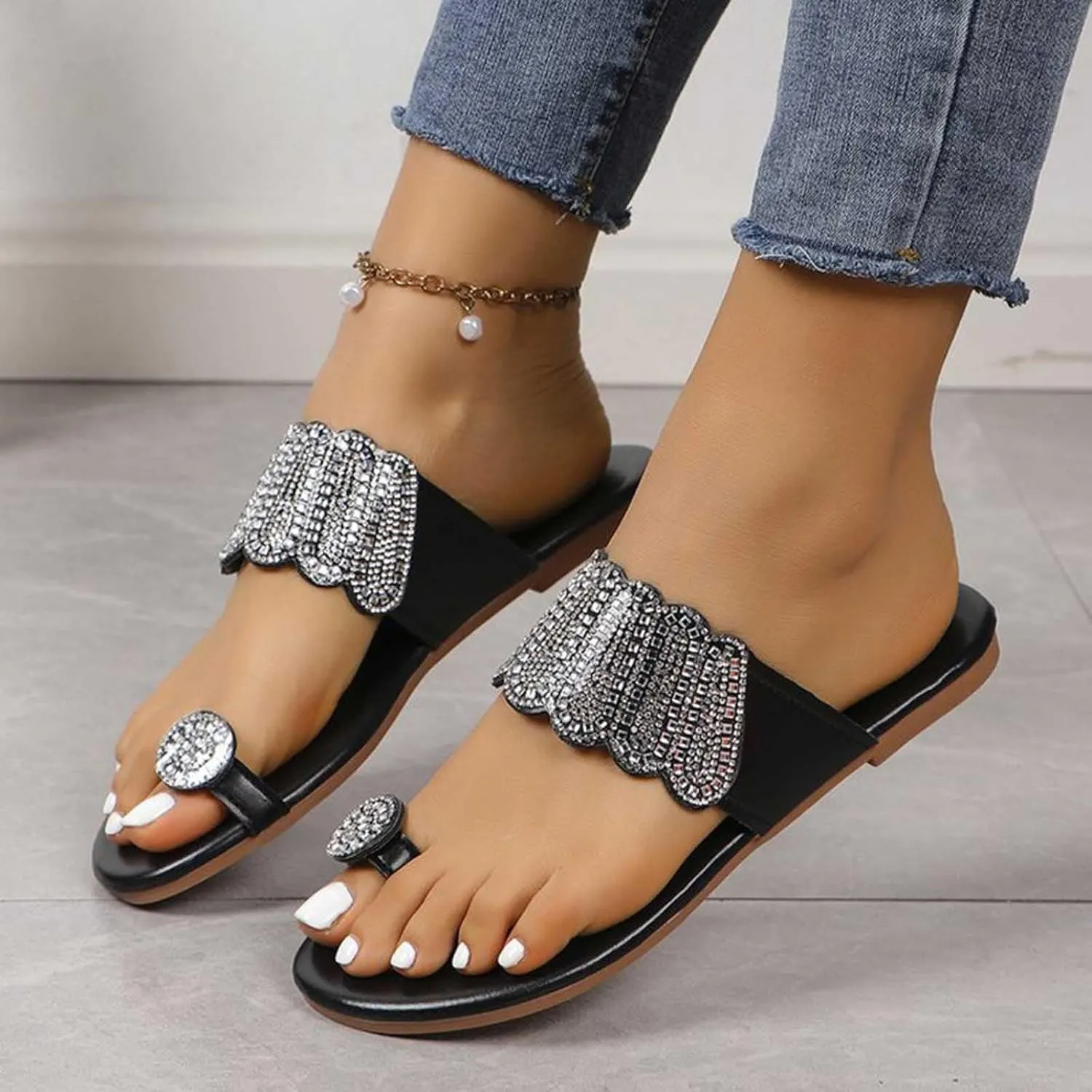 Toe Ring Sandals Women Fashion Sparkly Bling Flip Flops Lightweight Slip on Indoor Outdoor Flip-Flops Shoes