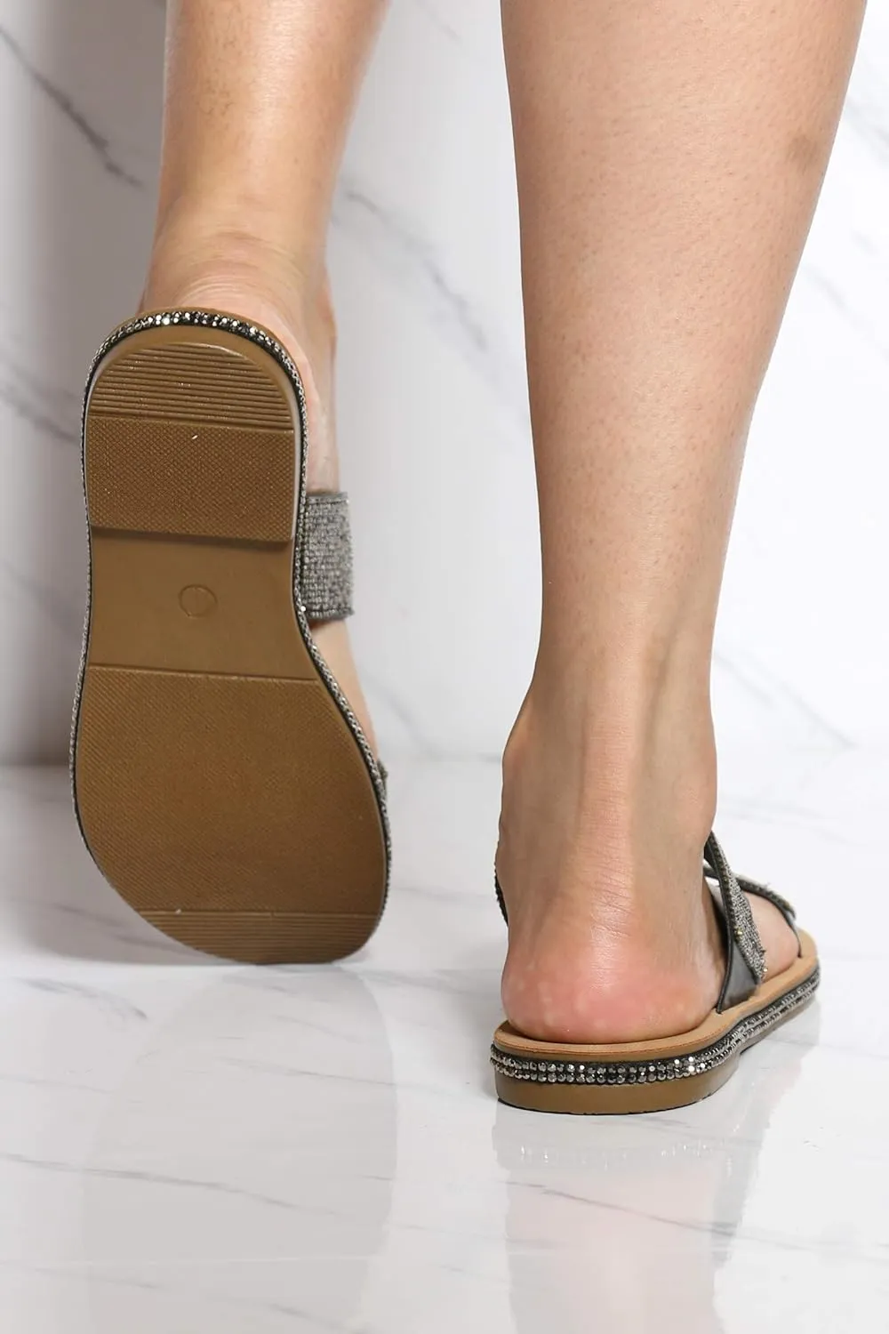 TOP Moda Women's Double Strap Rhinestone Open Toe Flat Slide Slip On Sandals