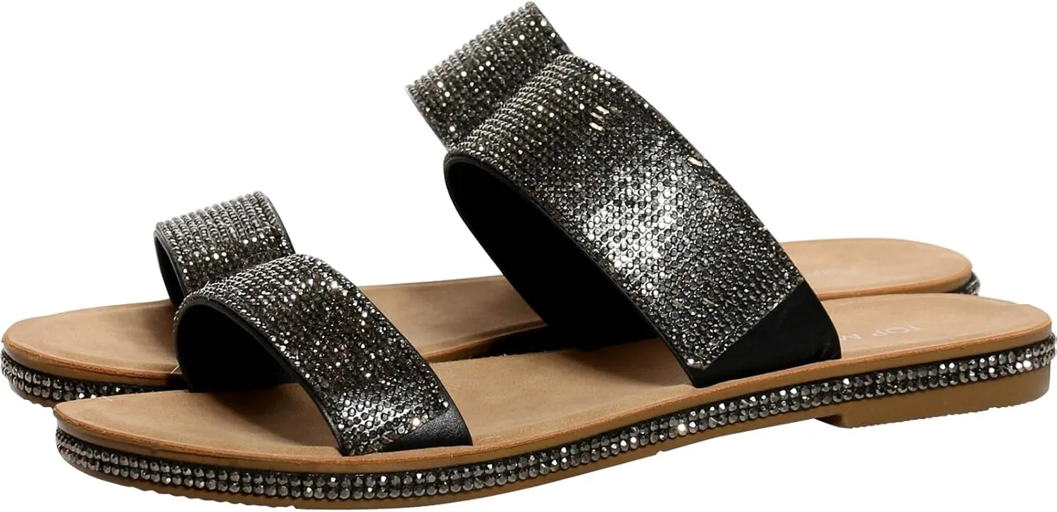 TOP Moda Women's Double Strap Rhinestone Open Toe Flat Slide Slip On Sandals