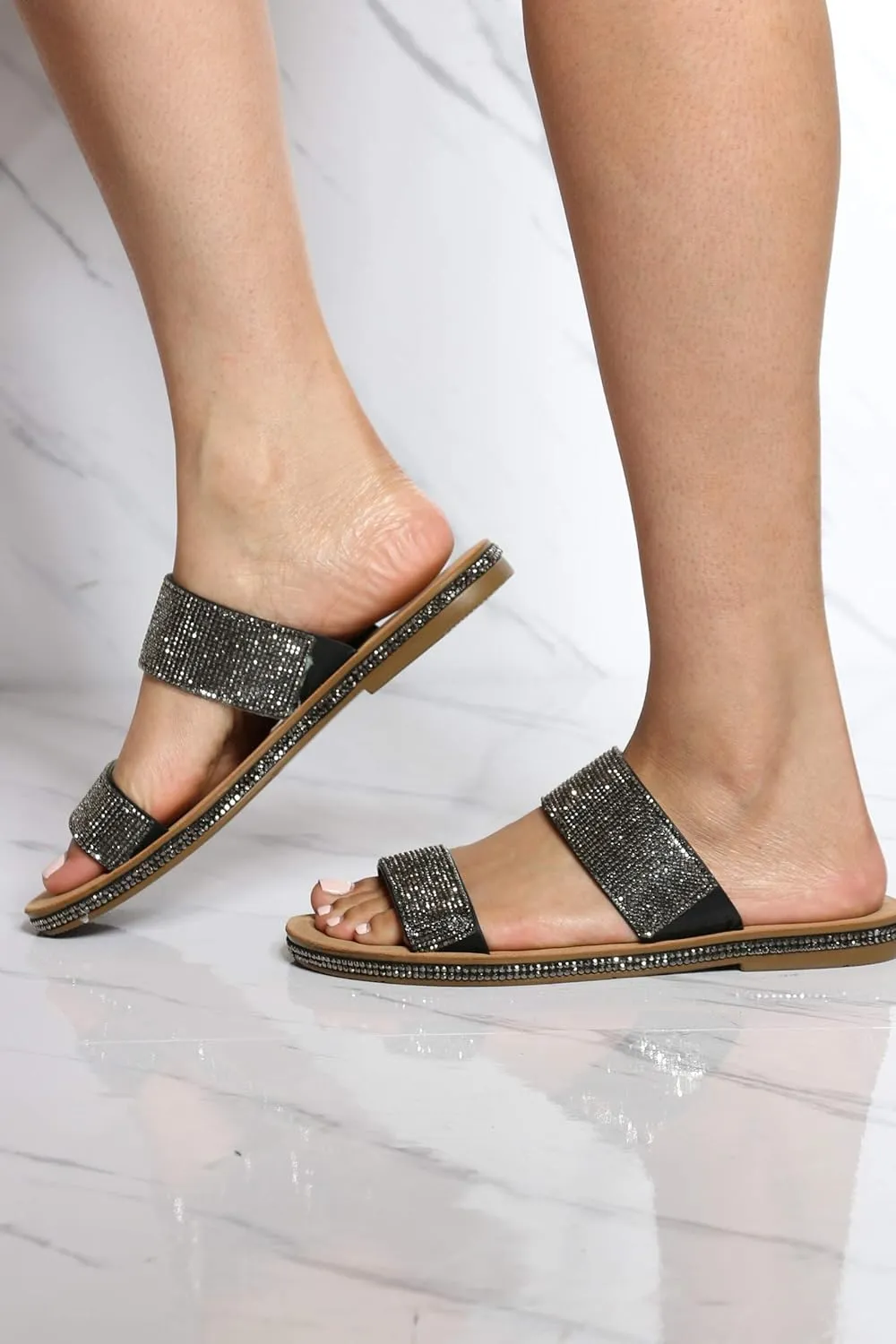 TOP Moda Women's Double Strap Rhinestone Open Toe Flat Slide Slip On Sandals